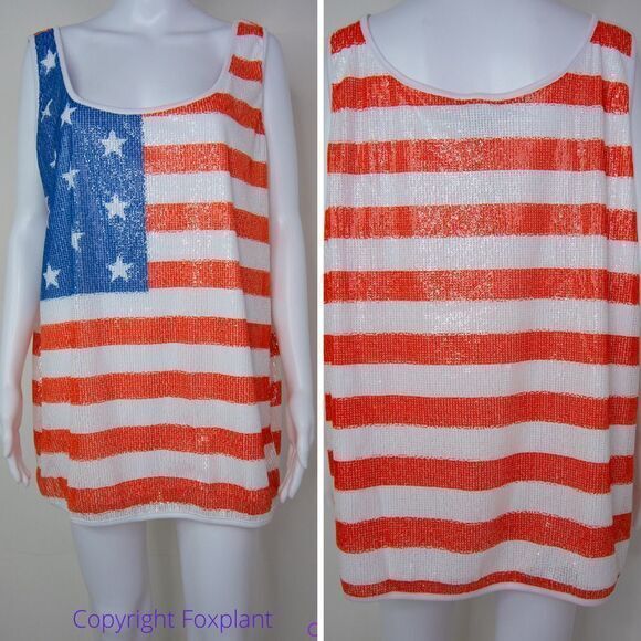 NEW Ashley Stewart Sequin American Flag Scoop Neck Tank, Red, White and Blue, 3X - Picture 3 of 16